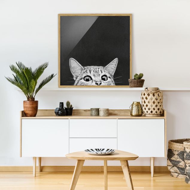 Bilder mit Rahmen Schwarz-Weiß Illustration Katze Schwarz Weiß Zeichnung