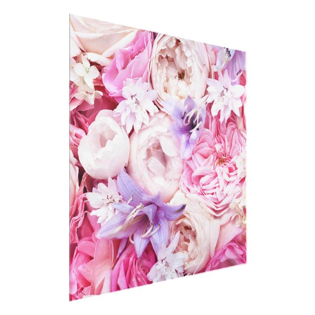 Glasbild Blumen Shabby Rosen mit Glockenblumen
