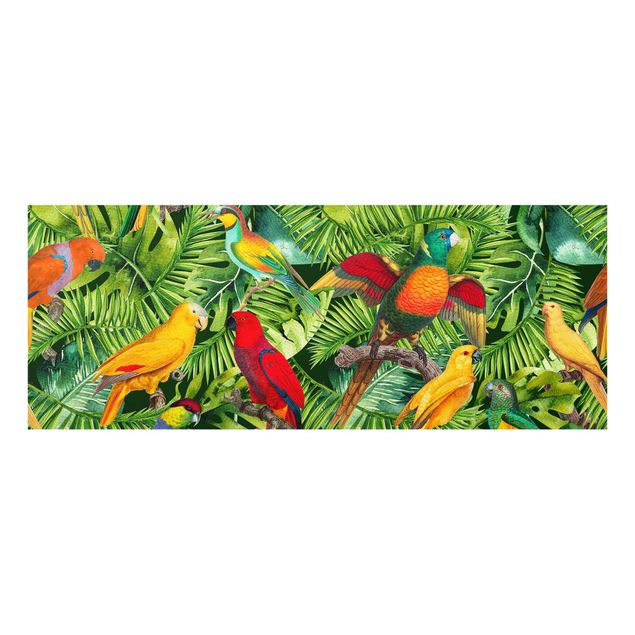 Glasbild - Bunte Collage - Papageien im Dschungel - Panorama