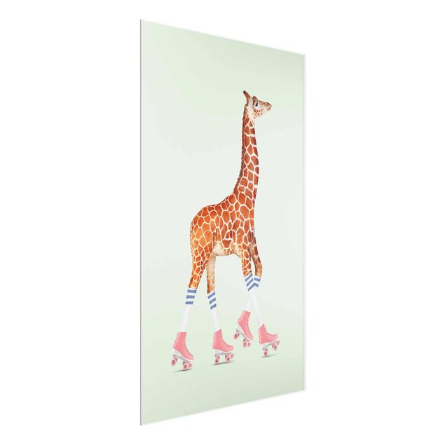 Glasbild Tiere Giraffe mit Rollschuhen