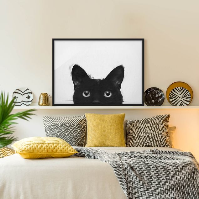Schwarz-Weiß Bilder mit Rahmen Illustration Schwarze Katze auf Weiß Malerei