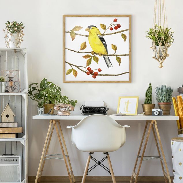 Kunstdruck Bilder mit Rahmen Vögel und Beeren - Goldzeisig