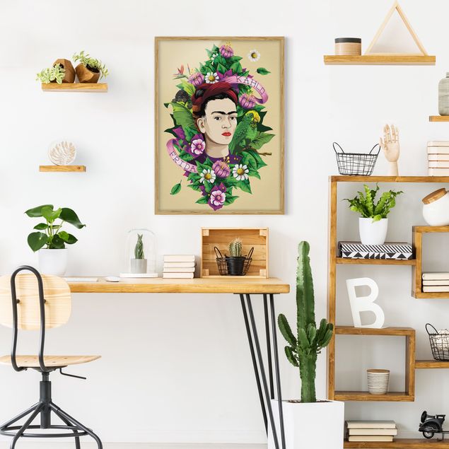 Gerahmte Bilder mit Sprüchen Frida Kahlo - Frida, Äffchen und Papagei