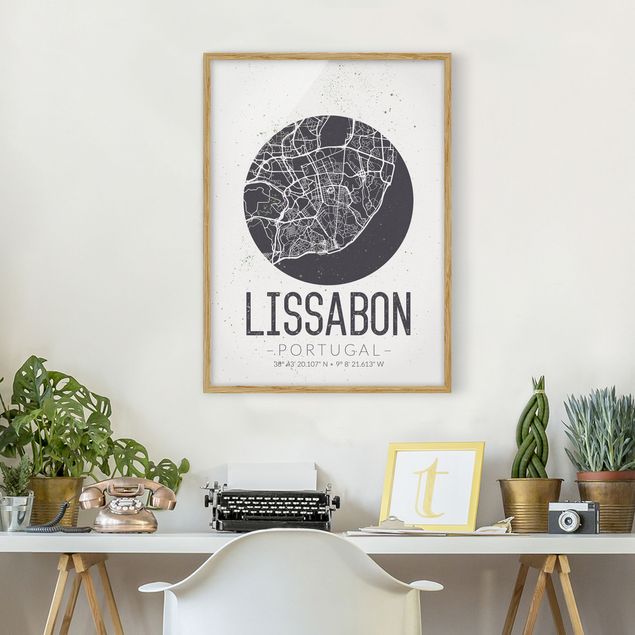 Weltkarten mit Rahmen Stadtplan Lissabon - Retro
