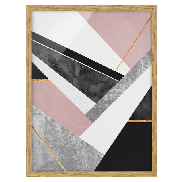 Kunstdruck Bilder mit Rahmen Schwarz Weiß Geometrie mit Gold