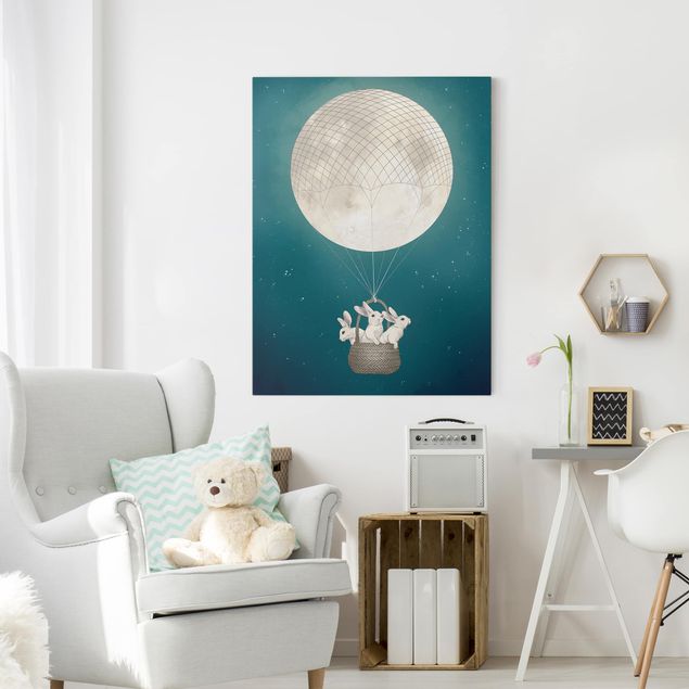 Leinwand Bilder XXL Illustration Hasen Mond-Heißluftballon Sternenhimmel