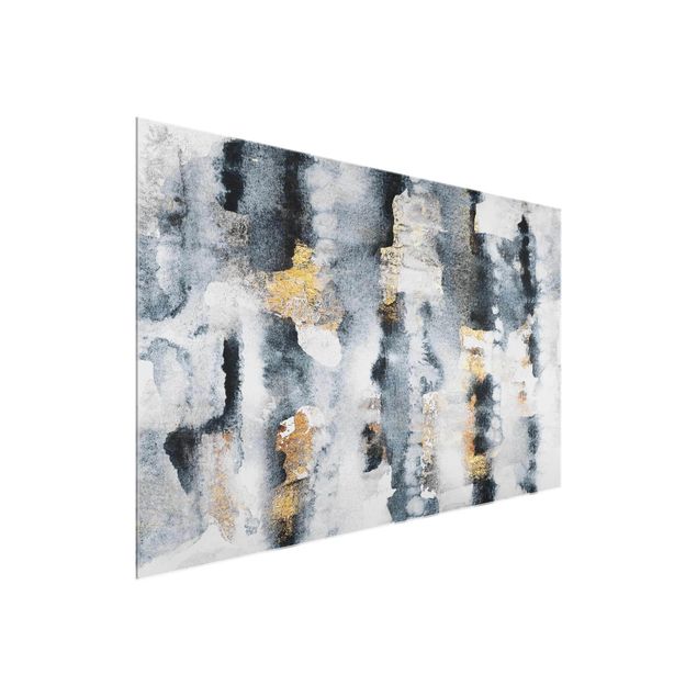 Glasbild - Abstraktes Aquarell mit Gold - Querformat 2:3