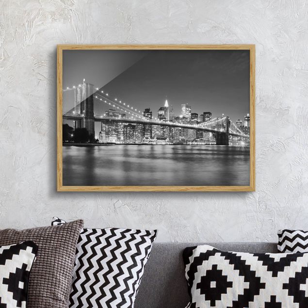 Bilder mit Rahmen Schwarz-Weiß Nighttime Manhattan Bridge II