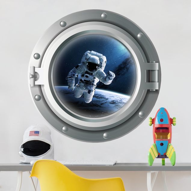 Wandtattoo Weltall 3D Bullauge - Astronaut im Weltall