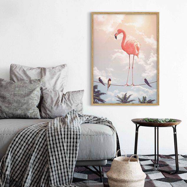 Bilder mit Rahmen Blumen Himmel mit Flamingo
