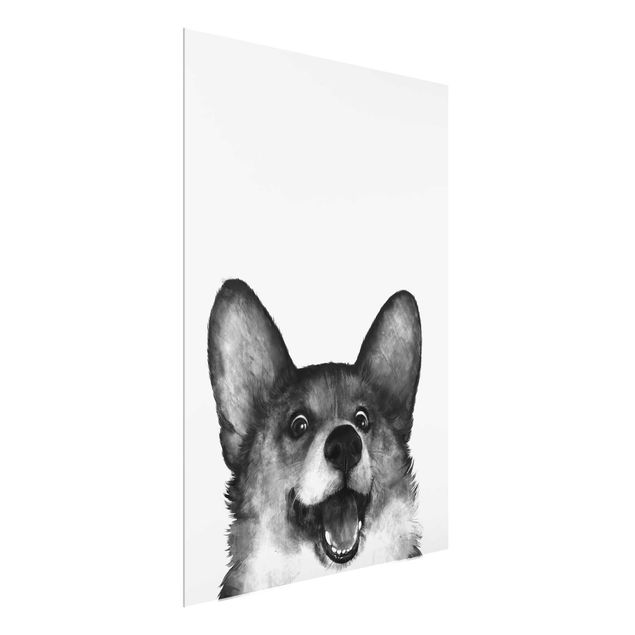 Glasbild - Illustration Hund Corgi Weiß Schwarz Malerei - Hochformat 4:3