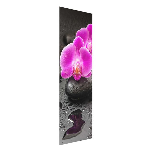 Glasbild Natur Pinke Orchideenblüten auf Steinen mit Tropfen