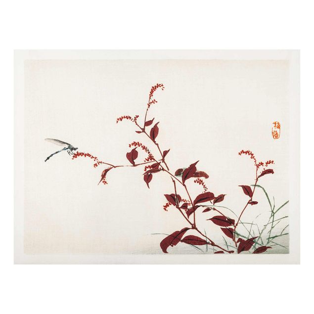 Bilder für die Wand Asiatische Vintage Zeichnung Roter Zweig mit Libelle