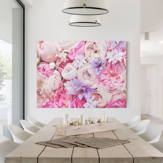 Leinwandbilder Rosen Shabby Rosen mit Glockenblumen