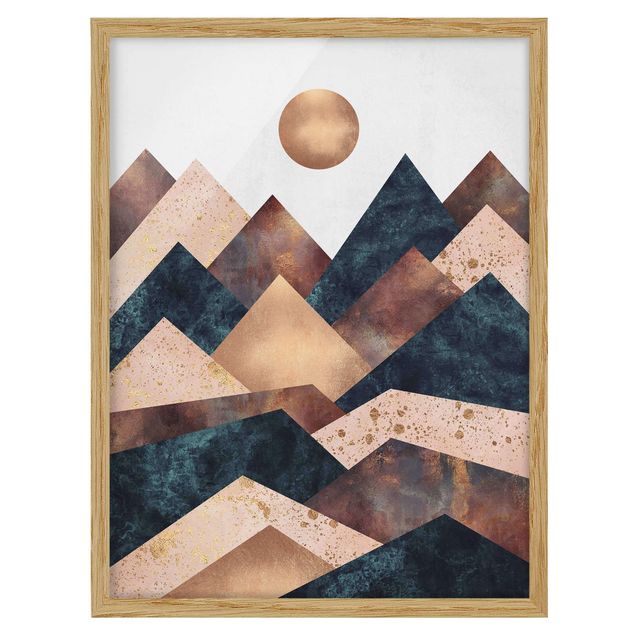 Kunstdruck Bilder mit Rahmen Geometrische Berge Bronze