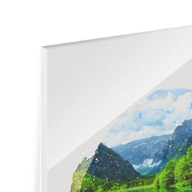 Glasbilder Wasserfarben - Bergsee mit Spiegelung