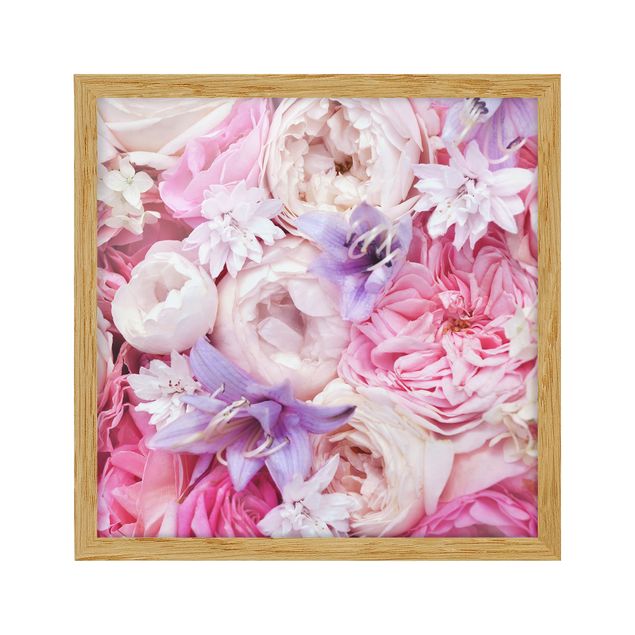 Bild mit Rahmen - Shabby Rosen mit Glockenblumen - Quadrat 1:1