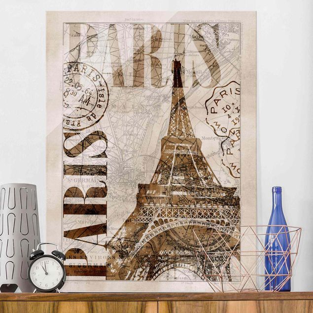 Glasbilder Paris Shabby Chic Collage - Paris