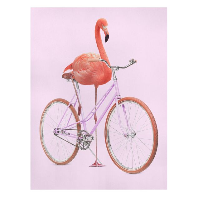 Tierbilder auf Leinwand Flamingo mit Fahrrad