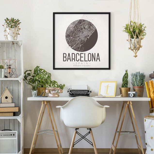 Weltkarte mit Bilderrahmen Stadtplan Barcelona - Retro