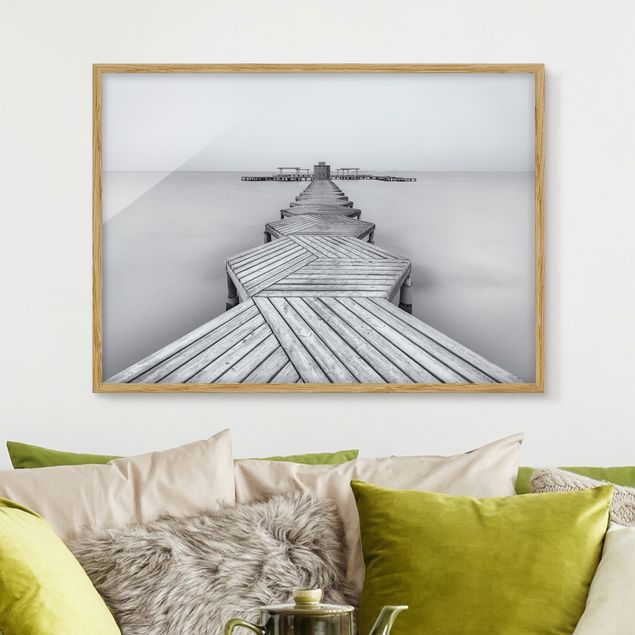 Schwarz-Weiß Bilder mit Rahmen Hölzerner Pier und Schwarz-weiß