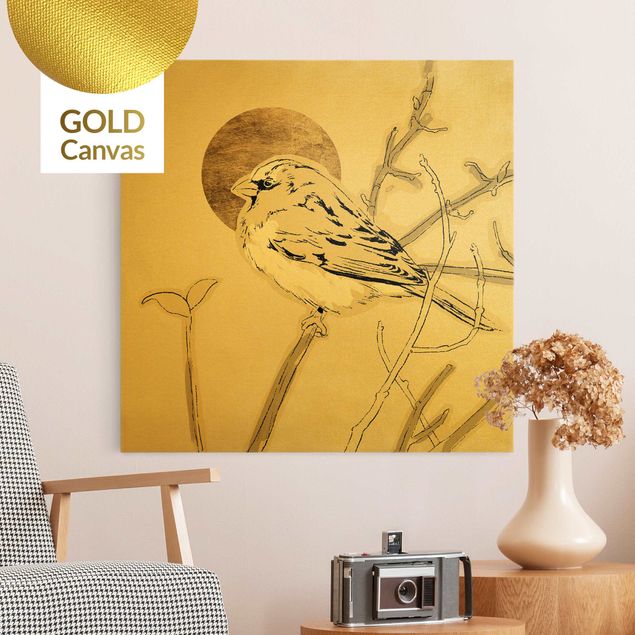 Leinwandbild Gold - Vogel vor goldener Sonne IV - Quadrat 1:1