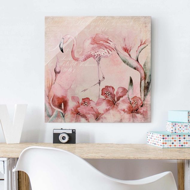 Wandbilder Tiere Shabby Chic Collage - Flamingo