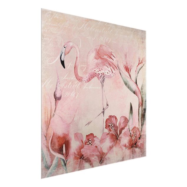 Natur Glasbilder Shabby Chic Collage - Flamingo