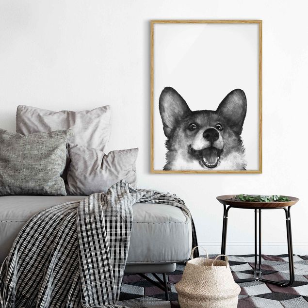 Gerahmte Bilder Schwarz-Weiß Illustration Hund Corgi Weiß Schwarz Malerei