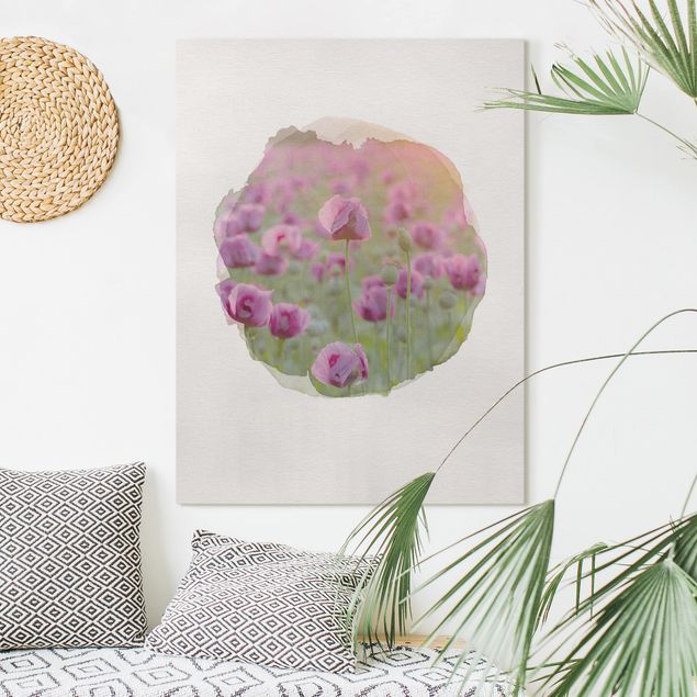 Leinwandbilder XXL Wasserfarben - Violette Schlafmohn Blumenwiese im Frühling