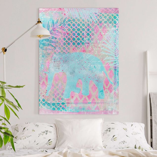 Wandbilder XXL Bunte Collage - Elefant in Blau und Rosa