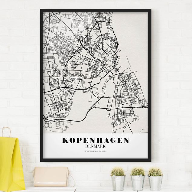 Gerahmte Bilder Schwarz-Weiß Stadtplan Kopenhagen - Klassik