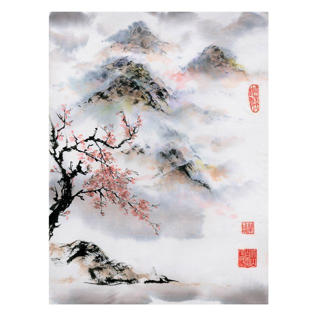 Leinwand Kunstdruck Japanische Aquarell Zeichnung Kirschbaum und Berge