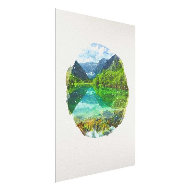 Glasbilder Natur Wasserfarben - Bergsee mit Spiegelung