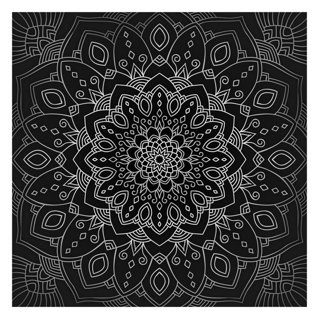 Fototapete Buddha Mandala Blüte Muster silber schwarz