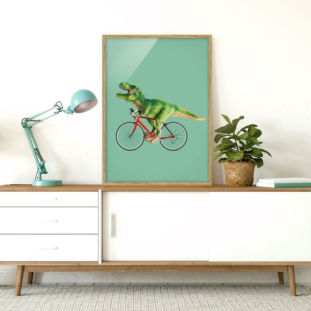 Kunstdrucke mit Rahmen Dinosaurier mit Fahrrad