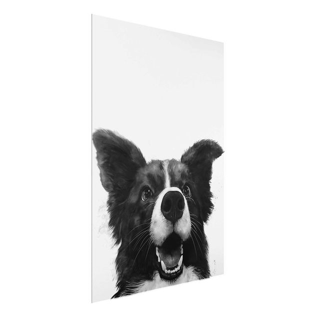 Glasbild - Illustration Hund Border Collie Schwarz Weiß Malerei - Hochformat 4:3