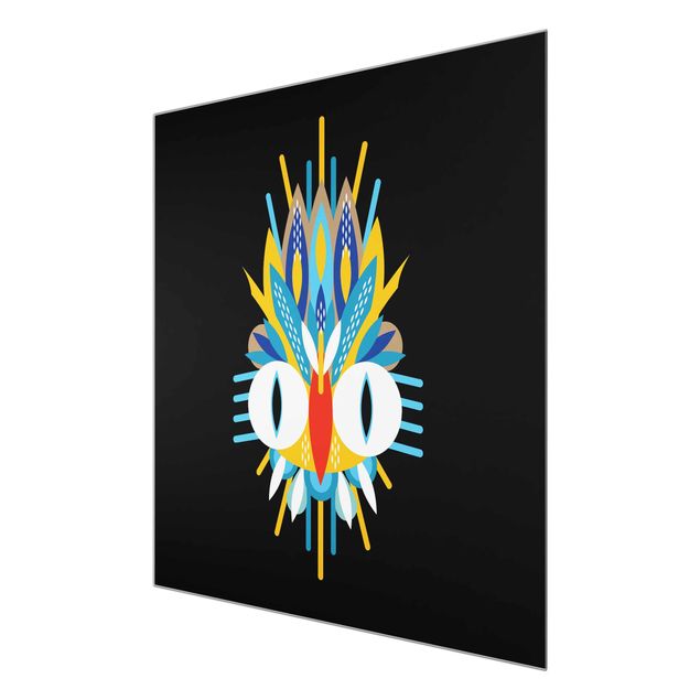 Glasbild - Collage Ethno Maske - Vogel Federn - Quadrat 1:1