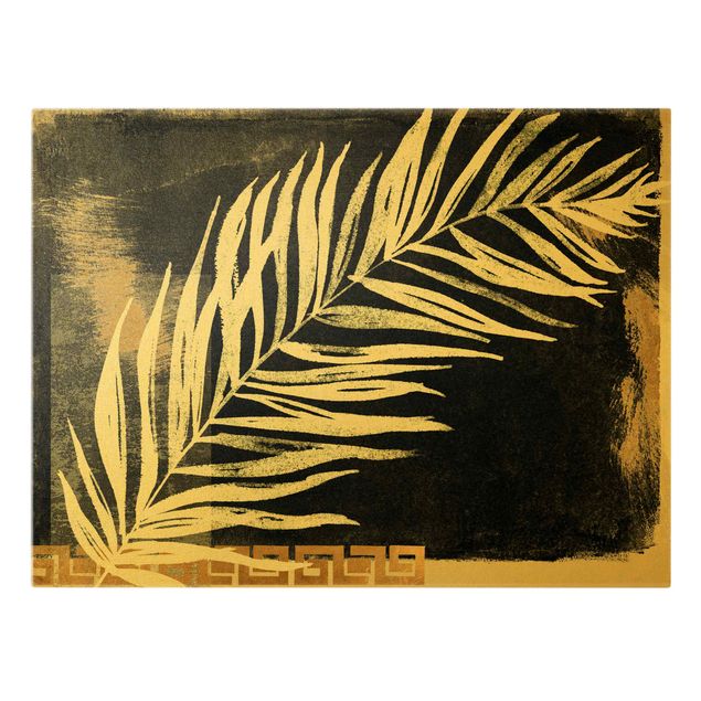 Leinwandbild Gold - Palmenblatt auf Schwarz und Gold - Querformat 4:3