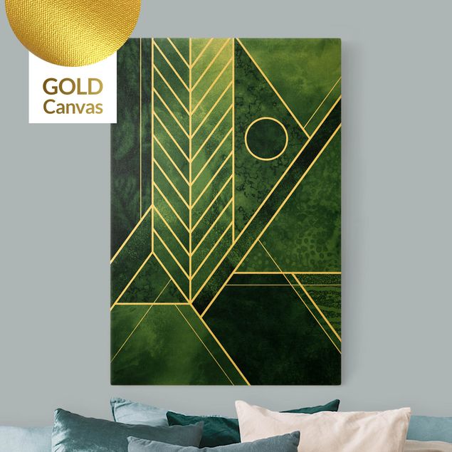 Leinwandbild Gold - Goldene Geometrie - Smaragd - Hochformat 2:3