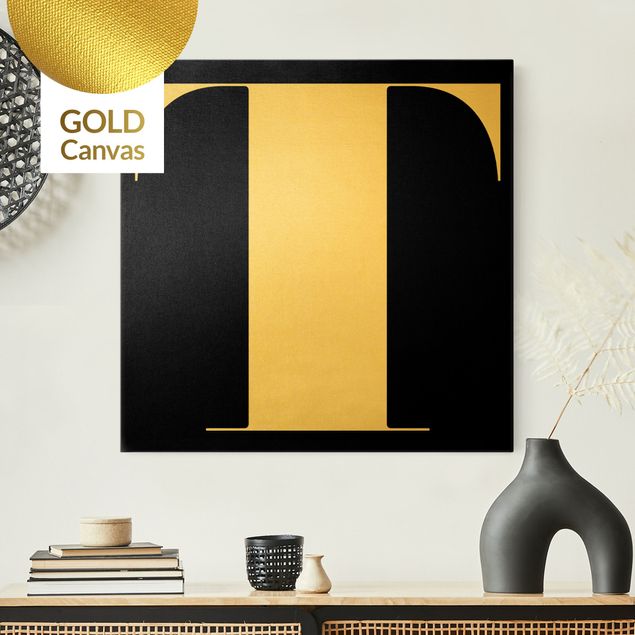 Leinwandbild Gold - Antiqua Letter T Schwarz - Quadrat 1:1
