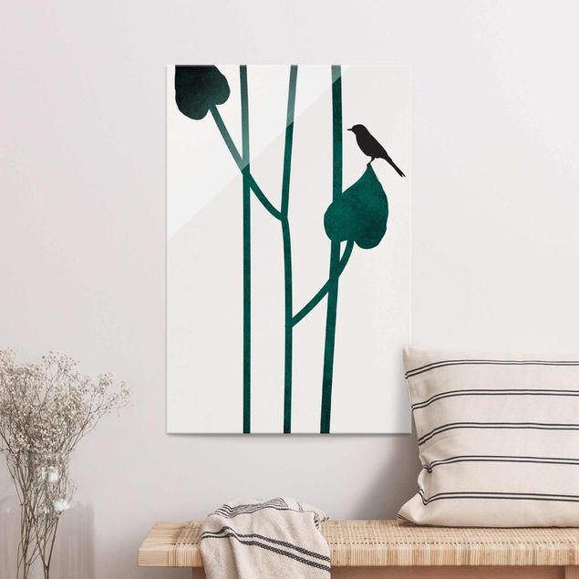 Wandbilder Tiere Grafische Pflanzenwelt - Vogel auf Blatt