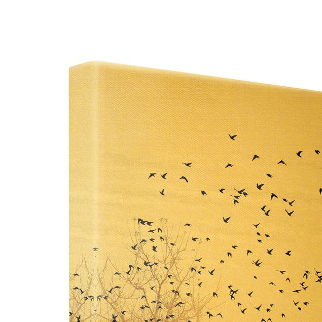Leinwandbild Gold - Vogelschwarm vor goldenem Baum - Hochformat 1:3