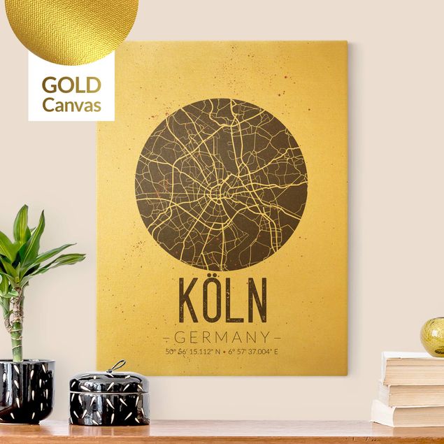 Leinwandbild Gold - Stadtplan Köln - Retro - Hochformat 3:4