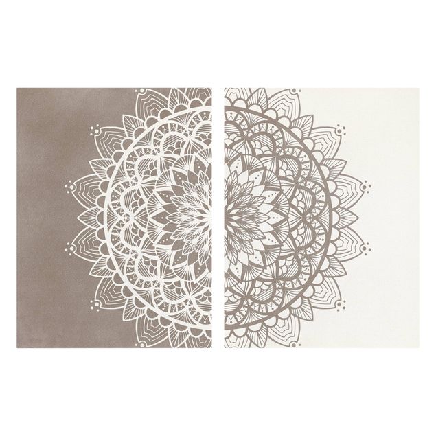 Leinwandbild 2-teilig - Mandala Illustration shabby Set beige weiß - Hoch 4:3