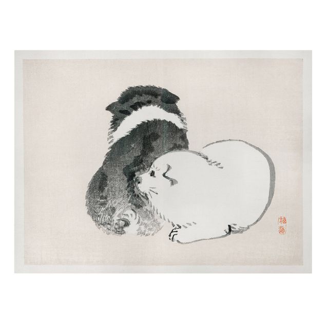 Retro Wandbilder Asiatische Vintage Zeichnung Schwarze und weiße Hündchen