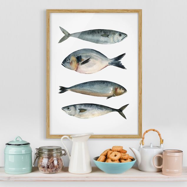 Kunstdruck Bilder mit Rahmen Vier Fische in Aquarell II