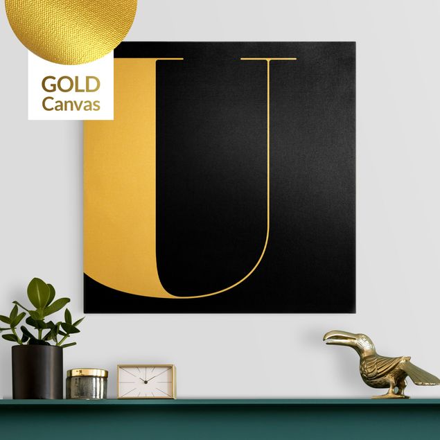 Leinwandbild Gold - Antiqua Letter U Schwarz - Quadrat 1:1