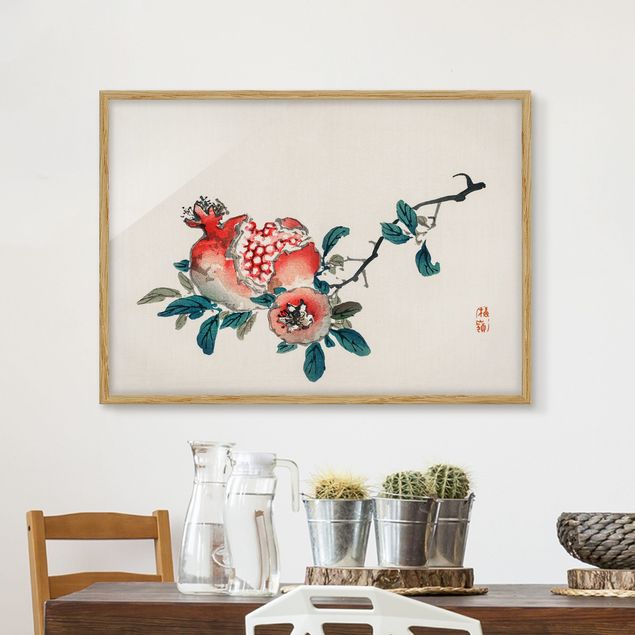 Gerahmte Bilder Blumen Asiatische Vintage Zeichnung Granatapfel