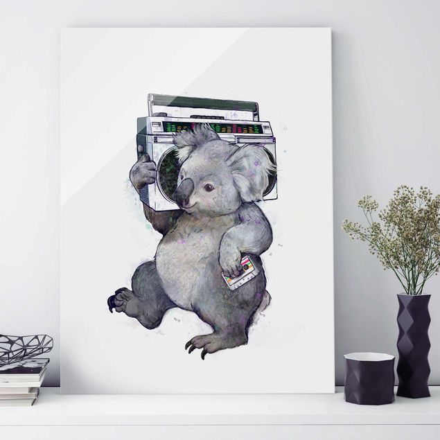 Glasbild - Illustration Koala mit Radio Malerei - Hochformat 4:3